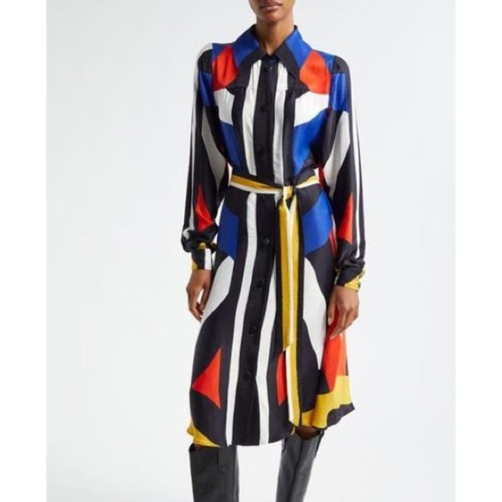 FARM Rio Women's Blue Amanda Abstract Print Long Sleeve Satin Shirtdress size sm